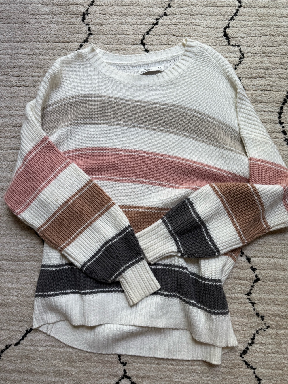 Hollister Cream Sweater with Pink, Brown, Gray Stripes